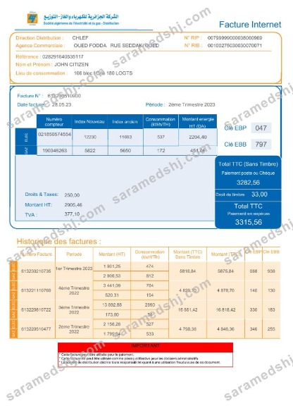 Algeria Societe Algerien Distribution internet utility bill Word and PDF template